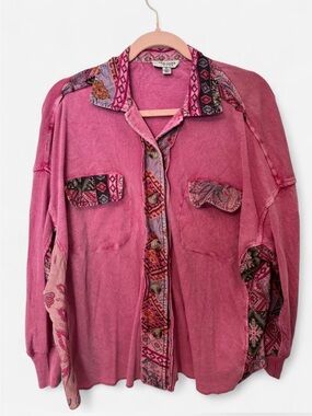 Tru Luxe Jeans Pink Boho Ribbed Knit Button-Up with Patterned Trim
